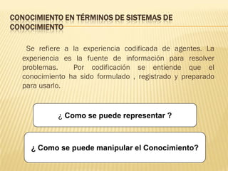 CONOCIMIENTO EN TÉRMINOS DE SISTEMAS DE
CONOCIMIENTO
Se refiere a la experiencia codificada de agentes. La
experiencia es la fuente de información para resolver
problemas. Por codificación se entiende que el
conocimiento ha sido formulado , registrado y preparado
para usarlo.
¿ Como se puede representar ?
¿ Como se puede manipular el Conocimiento?
 