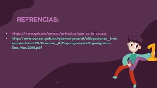 • https://www.gob.mx/consar/articulos/que-es-la-consar
• http://www.consar.gob.mx/gobmx/general/obligaciones_tran
sparencia/art70/Fraccion_II/Organigramas/Organigrama-
Ene-Mar-2018.pdf
REFRENCIAS:
 