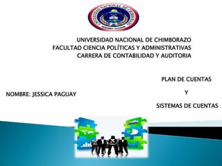 UNIVERSIDAD NACIONAL DE CHIMBORAZO
FACULTAD CIENCIA POLÍTICAS Y ADMINISTRATIVAS
CARRERA DE CONTABILIDAD Y AUDITORIA
NOMBRE: JESSICA PAGUAY
PLAN DE CUENTAS
Y
SISTEMAS DE CUENTAS
 