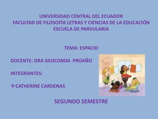 UNIVERSIDAD CENTRAL DEL ECUADOR
FACULTAD DE FILOSOFÍA LETRAS Y CIENCIAS DE LA EDUCACIÓN
ESCUELA DE PARVULARIA
TEMA: ESPACIO
DOCENTE: DRA GEOCONDA PROAÑO
INTEGRANTES:
CATHERINE CARDENAS
SEGUNDO SEMESTRE
 