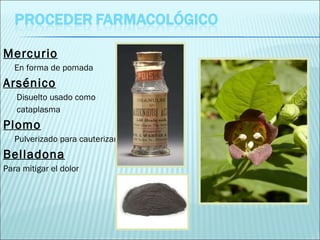 Mercurio En forma de pomada Arsénico Disuelto usado como cataplasma Plomo Pulverizado para cauterizar Belladona Para mitigar el dolor 