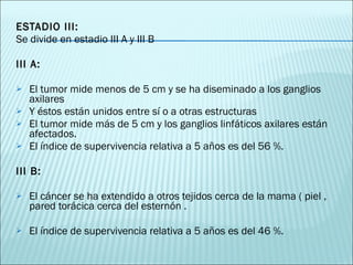 ESTADIO III:  Se divide en estadio III A y III B  III A:  El tumor mide menos de 5 cm y se ha diseminado a los ganglios axilares  Y éstos están unidos entre sí o a otras estructuras  El tumor mide más de 5 cm y los ganglios linfáticos axilares están afectados. El índice de  supervivencia relativa a 5 años es del 56 %.  III B: El cáncer se ha extendido a otros tejidos cerca de la mama ( piel , pared torácica cerca del esternón . El índice de  supervivencia relativa a 5 años es del 46 %.  