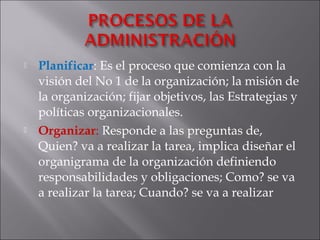  Planificar: Es el proceso que comienza con la
visión del No 1 de la organización; la misión de
la organización; fijar objetivos, las Estrategias y
políticas organizacionales.
 Organizar: Responde a las preguntas de,
Quien? va a realizar la tarea, implica diseñar el
organigrama de la organización definiendo
responsabilidades y obligaciones; Como? se va
a realizar la tarea; Cuando? se va a realizar
 