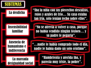 SUBTEMAS
La desdicha
Insensibilidad
familiar
Ausencia de
humanismo e
indiferencia
La marcada
desigualdad social
“Iba la niña con sus piececitos descalzos,
rojos y azules de frío… Su casa estaba
tan fría, sólo tenían techo sobre ellos”.
“No se atrevía a volver a casa, porque
no había vendido ningún fósforo… y
su padre le pegaría”.
“…nadie le había comprado todo el día,
nadie le había dado un solo céntimo”.
“Hambrienta y aterida iba, y
parecía muy triste, la pobre”.
 