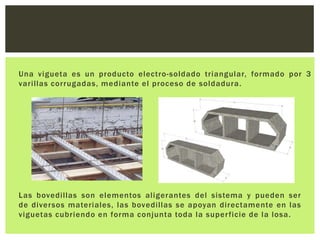 Una vigueta es un producto electro-soldado triangular, formado por 3
varillas corrugadas, mediante el proceso de soldadura.




Las bovedillas son elementos aligerantes del sistema y pueden ser
de diversos materiales, las bovedillas se apoyan directamente en las
viguetas cubriendo en forma conjunta toda la super ficie de la losa.
 