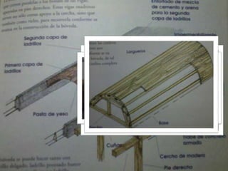 BÓVEDA DE CAÑÓN CON
             CERCHA
Series   de   arcos
continuos, apoyados
en muros, vigas de
madera, concreto o
metal
Cada        bóveda
puede cubrir claros
que van de 1 m a 3.5
m con una flecha de
20% como mí nimo.
No               es
recomendable     que
emprenda bóvedas
con un claro mayor
a 1.50 m
Sirve para climas
tanto      templados
como cálidos,     ya
sea     húmedos    o
secos.
 