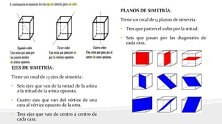 EJES DE SIMETRÍA:
Tiene un total de 13 ejes de simetría:
• Seis ejes que van de la mitad de la arista
a la mitad de la arista opuesta.
• Cuatro ejes que van del vértice de una
cara al vértice opuesto de la otra.
• Tres ejes que van de centro a centro de
cada cara.
PLANOS DE SIMETRÍA:
Tiene un total de 9 planos de simetría:
• Tres que parten el cubo por la mitad.
• Seis que pasan por las diagonales de
cada cara.
 