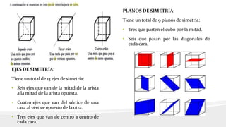 EJES DE SIMETRÍA:
Tiene un total de 13 ejes de simetría:
• Seis ejes que van de la mitad de la arista
a la mitad de la arista opuesta.
• Cuatro ejes que van del vértice de una
cara al vértice opuesto de la otra.
• Tres ejes que van de centro a centro de
cada cara.
PLANOS DE SIMETRÍA:
Tiene un total de 9 planos de simetría:
• Tres que parten el cubo por la mitad.
• Seis que pasan por las diagonales de
cada cara.
 
