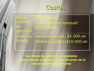 Costos Las tasas de interés son ajustadas mensualmente mediante un memorando de la vicepresidencia financiera Persona natural: $5.000.oo Persona jurídica:$10.000.oo Costo de libreta  $ 50.000.oo Saldo mínimo mensual: $10.000.oo Monto mínimo de apertura 