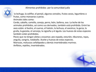 Alimentos prohibidos por la comunidad judía
la lechuga, la coliflor, el perejil, algunos cereales, frutos secos, legumbres o
frutas, como manzanas o peras.
Animales tales como:
Cerdo, caballo, camello, conejo, perro, león, ballena, oso. La leche de los
animales prohibidos, así como sus derivados, también está prohibida. Entré las
aves están: el buitre, el cuervo, el halcón, la lechuza, el avestruz, la garza, la
grulla, la gaviota, el vencejo, la cigüeña y el águila. Los huevos de estas especies
también están prohibidos.
Peces que no tengan aletas y escamas: pez espada, esturión, tiburones, rayas,
anguila, congrio, rodaballo. Aceite y huevas de estas especies.
Mariscos, moluscos cefalópodos y demás invertebrados marinos.
Anfibios, reptiles, invertebrados.
 