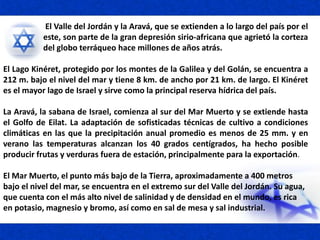 El Valle del Jordán y la Aravá, que se extienden a lo largo del país por el
este, son parte de la gran depresión sirio-africana que agrietó la corteza
del globo terráqueo hace millones de años atrás.
El Lago Kinéret, protegido por los montes de la Galilea y del Golán, se encuentra a
212 m. bajo el nivel del mar y tiene 8 km. de ancho por 21 km. de largo. El Kinéret
es el mayor lago de Israel y sirve como la principal reserva hídrica del país.
La Aravá, la sabana de Israel, comienza al sur del Mar Muerto y se extiende hasta
el Golfo de Eilat. La adaptación de sofisticadas técnicas de cultivo a condiciones
climáticas en las que la precipitación anual promedio es menos de 25 mm. y en
verano las temperaturas alcanzan los 40 grados centígrados, ha hecho posible
producir frutas y verduras fuera de estación, principalmente para la exportación.
El Mar Muerto, el punto más bajo de la Tierra, aproximadamente a 400 metros
bajo el nivel del mar, se encuentra en el extremo sur del Valle del Jordán. Su agua,
que cuenta con el más alto nivel de salinidad y de densidad en el mundo, es rica
en potasio, magnesio y bromo, así como en sal de mesa y sal industrial.
 