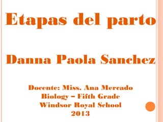 Etapas del parto

Danna Paola Sanchez
  Docente: Miss. Ana Mercado
     Biology – Fifth Grade
    Windsor Royal School
             2013
 