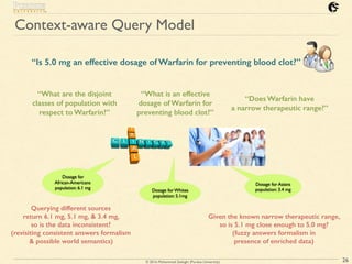 © 2016 Mohammad Sadoghi (Purdue University)
Context-aware Query Model
26
“Is 5.0 mg an effective dosage of Warfarin for preventing blood clot?”
“What are the disjoint
classes of population with
respect to Warfarin?”
Querying different sources
return 6.1 mg, 5.1 mg, & 3.4 mg,
so is the data inconsistent?
(revisiting consistent answers formalism
& possible world semantics)
“What is an effective
dosage of Warfarin for
preventing blood clot?”
“Does Warfarin have
a narrow therapeutic range?”
Dosage for
African-Americans
population: 6.1 mg
Dosage for Whites
population: 5.1mg
Dosage for Asians
population: 3.4 mg
Given the known narrow therapeutic range,
so is 5.1 mg close enough to 5.0 mg?
(fuzzy answers formalism in
presence of enriched data)
 