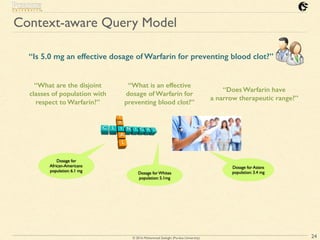 © 2016 Mohammad Sadoghi (Purdue University)
Context-aware Query Model
24
“Is 5.0 mg an effective dosage of Warfarin for preventing blood clot?”
“What are the disjoint
classes of population with
respect to Warfarin?”
“What is an effective
dosage of Warfarin for
preventing blood clot?”
“Does Warfarin have
a narrow therapeutic range?”
Dosage for
African-Americans
population: 6.1 mg
Dosage for Whites
population: 5.1mg
Dosage for Asians
population: 3.4 mg
 
