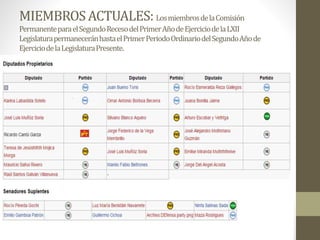 MIEMBROSACTUALES: LosmiembrosdelaComisión
PermanenteparaelSegundoRecesodelPrimerAñodeEjerciciodelaLXII
LegislaturapermaneceránhastaelPrimerPeriodoOrdinariodelSegundoAñode
EjerciciodelaLegislaturaPresente.
 