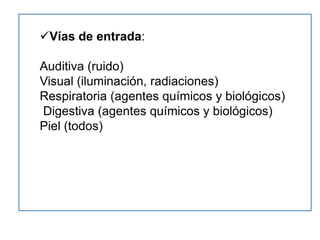 Vías de entrada:

Auditiva (ruido)
Visual (iluminación, radiaciones)
Respiratoria (agentes químicos y biológicos)
Digestiva (agentes químicos y biológicos)
Piel (todos)
 