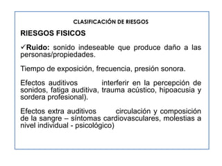CLASIFICACIÓN DE RIESGOS

RIESGOS FISICOS
Ruido: sonido indeseable que produce daño a las
personas/propiedades.
Tiempo de exposición, frecuencia, presión sonora.
Efectos auditivos         interferir en la percepción de
sonidos, fatiga auditiva, trauma acústico, hipoacusia y
sordera profesional).
Efectos extra auditivos         circulación y composición
de la sangre – síntomas cardiovasculares, molestias a
nivel individual - psicológico)
 