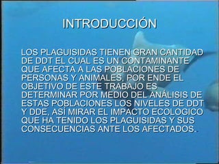 INTRODUCCIÓN LOS PLAGUISIDAS TIENEN GRAN CANTIDAD DE DDT EL CUAL ES UN CONTAMINANTE QUE AFECTA A LAS POBLACIONES DE PERSONAS Y ANIMALES, POR ENDE EL OBJETIVO DE ESTE TRABAJO ES DETERMINAR POR MEDIO DEL ANÁLISIS DE ESTAS POBLACIONES LOS NIVELES DE DDT Y DDE, ASÍ MIRAR EL IMPACTO ECOLOGICO QUE HA TENIDO LOS PLAGUISIDAS Y SUS CONSECUENCIAS ANTE LOS AFECTADOS . . 