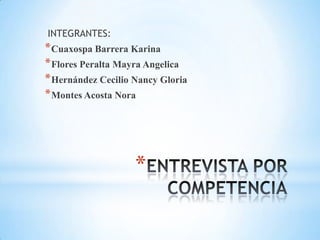 INTEGRANTES:
* Cuaxospa Barrera Karina
* Flores Peralta Mayra Angelica
* Hernández Cecilio Nancy Gloria
* Montes Acosta Nora




                    *
 