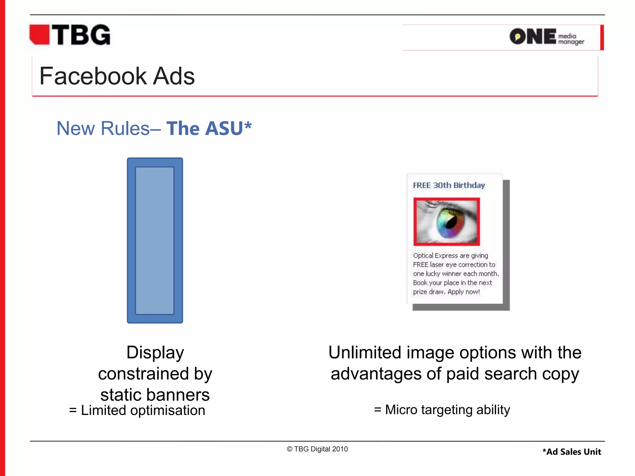 Facebook AdsNew Rules– The ASU*Display constrained by static banners Unlimited image options with the advantages of paid search copy= Limited optimisation= Micro targeting ability© TBG Digital 2010*Ad Sales Unit
