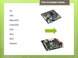 AT
ATX
Micro ATX
FLEX ATX
LPX
NLX
BTX
Pentium
 