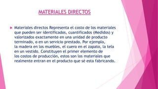 MATERIALES DIRECTOS


Materiales directos Representa el costo de los materiales
que pueden ser identificados, cuantificados (Medidos) y
valorizados exactamente en una unidad de producto
terminado, o en un servicio prestado. Por ejemplo,
la madera en los muebles, el cuero en el zapato, la tela
en un vestido. Constituyen el primer elemento de
los costos de producción, estos son los materiales que
realmente entran en el producto que sé esta fabricando.

 