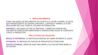 

POR SU RECURRENCIA

FIJOS: SON AQUELLOS RECURRENTES EN CUANTO A SU VALOR A TIEMPO, ES DECIR,
QUE PERIODICAMENTE DE MANERA CONSTANTE, CONTINUA Y NORMAL SE ESTAN
REALIZANDO SEA CUAL FUERA EL VOLUMEN DE PRODUCCION
VARIABLES: SON AQUELLOS QUE SE ORIGIINAN, CAMBIAN EN FUNCION DEL
VOLUMEN DE FABRICACION AUMENTANDO O DISMINUYENDO SEGÚN SE ACRECIENTE
O BAJE LA PRODUCCION


POR LA TECNICA DE VALUACION:

REALES O HISTORICOS: SE IDENTIFICAN DESPUES DE HABER OCURRIDO EL GASTO
ESTIMADOS: SE ORIGINAN EN FUNCION DE PRESUPUESTO ESTABLECIDO
GASTOS ESTANDAR: SIRVEN DE BASE PARA MEDIR LA ACTUACION PARA MEDIR LA
ACTUACION

 