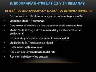 SISTEMÁTICA DE LA EXPLORACIÓN ECOGRÁFICA EN PRIMER TRIMESTRE

•   Se realiza a las 11-14 semanas, preferentemente por vía TA.
•   Momento ideal: 12 semanas.
•   Determinar el número de fetos y la frecuencia cardiaca fetal
•   Medición de la longitud cráneo-caudal y establecer la edad
    gestacional
•   En caso de gemelares establecer la corionicidad
•   Medición de la Translucencia Nucal
•   Evaluación del hueso nasal
•   Revisión anatómica detallada del feto
•   Revisión del útero y los anexos
 