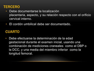 TERCERO
• Debe documentarse la localización
  placentaria, aspecto, y su relación respecto con el orificio
  cervical interno.
• El cordón umbilical debe ser documentado.

CUARTO
• Debe efectuarse la determinación de la edad
  gestacional durante el examen inicial, usando una
  combinación de mediciones craneales como el DBP o
  la DCC, y una media del miembro inferior como la
  longitud femoral.
 
