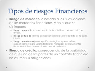 Tipos de riesgos Financieros
• Riesgo de mercado, asociado a las fluctuaciones
de los mercados financieros, y en el que se
distinguen:
o Riesgo de cambio, consecuencia de la volatilidad del mercado de
divisas.
o Riesgo de tipo de interés, consecuencia de la volatilidad de los tipos de
interés.
o Riesgo de mercado (en acepción restringida), que se refiere
específicamente a la volatilidad de los mercados de instrumentos
financieros tales como acciones, deuda, derivados,

• Riesgo de crédito, consecuencia de la posibilidad
de que una de las partes de un contrato financiero
no asuma sus obligaciones.

 