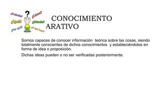 CONOCIMIENTO
DECLARATIVO
Somos capaces de conocer información teórica sobre las cosas, siendo
totalmente conscientes de dichos conocimientos y estableciéndolos en
forma de idea o proposición.
Dichas ideas pueden o no ser verificadas posteriormente.
 