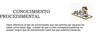 CONOCIMIENTO
PROCEDIMENTAL
Hace referencia al tipo de conocimiento que nos permite ser capaces de
saber como hacer algo, a pesar de que a nivel conceptual podamos no
poseer ningún tipo de conocimiento sobre los que estamos haciendo.
 