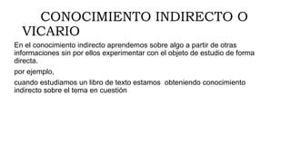 CONOCIMIENTO INDIRECTO O
VICARIO
En el conocimiento indirecto aprendemos sobre algo a partir de otras
informaciones sin por ellos experimentar con el objeto de estudio de forma
directa.
por ejemplo,
cuando estudiamos un libro de texto estamos obteniendo conocimiento
indirecto sobre el tema en cuestión
 
