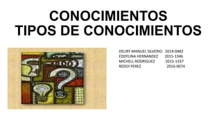 DEURY MANUEL SILVERIO 2014-0482
EDDYLINA HERNANDEZ 2015-1346
MICHELL RODRIGUEZ 2015-1337
ROSSY PEREZ 2016-0074
CONOCIMIENTOS
TIPOS DE CONOCIMIENTOS
 