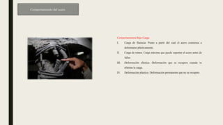 Comportamiento del acero
Comportamiento Bajo Carga
I. Carga de fluencia: Punto a partir del cual el acero comienza a
deformarse plásticamente.
II. Carga de rotura: Carga máxima que puede soportar el acero antes de
fallar.
III. Deformación elástica: Deformación que se recupera cuando se
elimina la carga.
IV. Deformación plástica: Deformación permanente que no se recupera
 