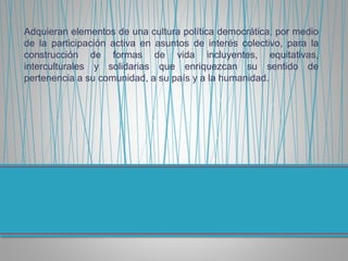 Adquieran elementos de una cultura política democrática, por medio
de la participación activa en asuntos de interés colectivo, para la
construcción de formas de vida incluyentes, equitativas,
interculturales y solidarias que enriquezcan su sentido de
pertenencia a su comunidad, a su país y a la humanidad.
 