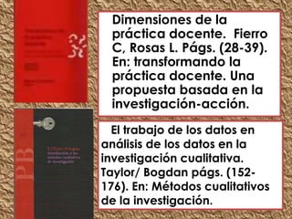 Dimensiones de la
 práctica docente. Fierro
 C, Rosas L. Págs. (28-39).
 En: transformando la
 práctica docente. Una
 propuesta basada en la
 investigación-acción.
  El trabajo de los datos en
análisis de los datos en la
investigación cualitativa.
Taylor/ Bogdan págs. (152-
176). En: Métodos cualitativos
de la investigación.
 