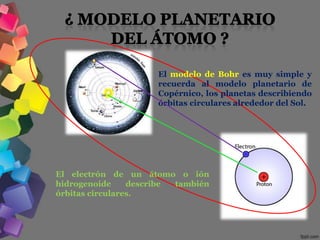 El modelo de Bohr es muy simple y
                      recuerda al modelo planetario de
                      Copérnico, los planetas describiendo
                      órbitas circulares alrededor del Sol.




El electrón de un átomo o ión
hidrogenoide     describe también
órbitas circulares.
 
