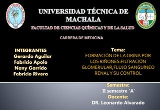 FORMACIÓN DE LA ORINA POR 
LOS RIÑONES:FILTRACIÓN 
GLOMERULAR,FLUJO SANGUÍNEO 
RENAL Y SU CONTROL 
II semestre ‘A’ 
DR. Leonardo Alvarado 
 