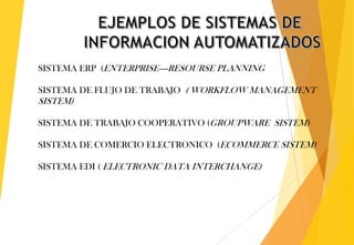 SISTEMA ERP (ENTERPRISE----RESOURSE PLANNING

SISTEMA DE FLUJO DE TRABAJO ( WORKFLOW MANAGEMENT
SISTEM)

SISTEMA DE TRABAJO COOPERATIVO (GROUPWARE SISTEM)

SISTEMA DE COMERCIO ELECTRONICO (ECOMMERCE SISTEM)

SISTEMA EDI ( ELECTRONIC DATA INTERCHANGE)
 