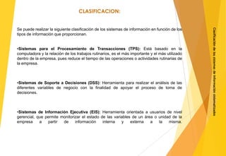 CLASIFICACION:




                                                                                                Clasificación de los sistemas de información sistematizados
Se puede realizar la siguiente clasificación de los sistemas de información en función de los
tipos de información que proporcionan.


•Sistemas para el Procesamiento de Transacciones (TPS): Está basado en la
computadora y la relación de los trabajos rutinarios, es el más importante y el más utilizado
dentro de la empresa, pues reduce el tiempo de las operaciones o actividades rutinarias de
la empresa.



•Sistemas de Soporte a Decisiones (DSS): Herramienta para realizar el análisis de las
diferentes variables de negocio con la finalidad de apoyar el proceso de toma de
decisiones.



•Sistemas de Información Ejecutiva (EIS): Herramienta orientada a usuarios de nivel
gerencial, que permite monitorizar el estado de las variables de un área o unidad de la
empresa     a   partir  de     información    interna   y    externa   a   la   misma.
 