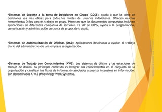 •Sistemas de Soporte a la toma de Decisiones en Grupo (GDSS): Ayuda a que la toma de
decisiones sea más eficaz para todos los niveles de usuarios individuales. Ofrecen muchas
herramientas útiles para el trabajo en grupo. Permiten que los documentos compuestos incluyan
aplicaciones de diferentes compañías de software. El SW de GDSS, ayuda a la programación,
comunicación y administración conjunta de grupos de trabajo.




                                                                                                    sistematizados
                                                                                                    Clasificacion de los sistemas de informacion
•Sistemas de Automatización de Oficinas (OAS): Aplicaciones destinadas a ayudar al trabajo
diario del administrativo de una empresa u organización.




•Sistemas de Trabajo con Conocimientos (KWS): Los sistemas de oficina y las estaciones de
trabajo de diseño. Su principal cometido es integrar los conocimientos en el conjunto de la
organización y canalizar los flujos de información asociados a puestos intensivos en información.
Son denominados K.W.S (Knowledge Work Systems).
 