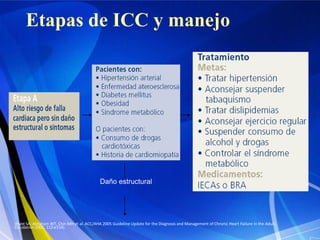 Etapas de ICC y manejo

Daño estructural

(Hunt SA, Abraham WT, Chin MH et al. ACC/AHA 2005 Guideline Update for the Diagnosis and Management of Chronic Heart Failure in the Adult.
Circulation 2005; 112:e154).

 