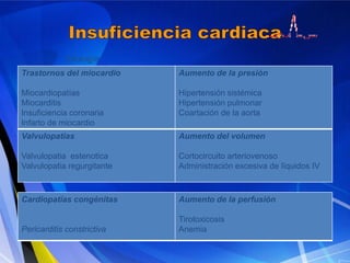Etiología
Trastornos del miocardio

Aumento de la presión

Miocardiopatías
Miocarditis
Insuficiencia coronaria
Infarto de miocardio

Hipertensión sistémica
Hipertensión pulmonar
Coartación de la aorta

Valvulopatias

Aumento del volumen

Valvulopatia estenotica
Valvulopatia regurgitante

Cortocircuito arteriovenoso
Administración excesiva de líquidos IV

Cardiopatías congénitas

Aumento de la perfusión

Pericarditis constrictiva

Tirotoxicosis
Anemia

 