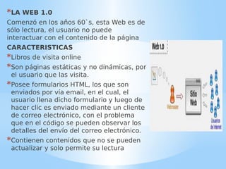 *LA WEB 1.0
Comenzó en los años 60`s, esta Web es de
sólo lectura, el usuario no puede
interactuar con el contenido de la página
CARACTERISTICAS
*Libros de visita online
*Son páginas estáticas y no dinámicas, por
el usuario que las visita.
*Posee formularios HTML, los que son
enviados por vía email, en el cual, el
usuario llena dicho formulario y luego de
hacer clic es enviado mediante un cliente
de correo electrónico, con el problema
que en el código se pueden observar los
detalles del envío del correo electrónico.
*Contienen contenidos que no se pueden
actualizar y solo permite su lectura
 