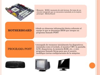 • Memoria ROM ó memoria de solo lectura. Se trata de un
circuito integrado que se encuentra instalado en la tarjeta
principal - Motherboard

MOTHERBOARD

•dónde se almacena información básica referente al
equipo lo que se denomina BIOS que integra un
programa llamado POST

PROGRAMA POST

•encargado de reconocer inicialmente los dispositivos
instalados como el teclado, el monitor CRT, la pantalla
LCD, disqueteras, la memoria RAM, etc., y otro
programa llamado Setup para que el usuario
modifique ciertas configuraciones de la máquina.

 