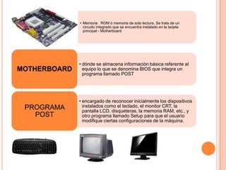• Memoria ROM ó memoria de solo lectura. Se trata de un
circuito integrado que se encuentra instalado en la tarjeta
principal - Motherboard

MOTHERBOARD

PROGRAMA
POST

• dónde se almacena información básica referente al
equipo lo que se denomina BIOS que integra un
programa llamado POST

• encargado de reconocer inicialmente los dispositivos
instalados como el teclado, el monitor CRT, la
pantalla LCD, disqueteras, la memoria RAM, etc., y
otro programa llamado Setup para que el usuario
modifique ciertas configuraciones de la máquina.

 