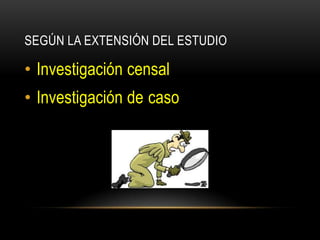 SEGÚN LA EXTENSIÓN DEL ESTUDIO

• Investigación censal
• Investigación de caso
 