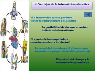 2. Ventajas de la informática educativa



•La interacción que se produce
entre la computadora y el alumno

       La posibilidad de dar una atención
       individual al estudiante.


El aporte de la computadora
como herramienta intelectual

   La capacidad que otorga al alumno para
   controlar su propio ritmo del aprendizaje


                  El control del tiempo y la
                  secuencia de aprendizaje
 