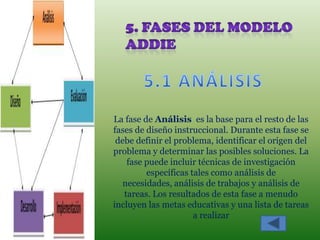 La fase de Análisis es la base para el resto de las
fases de diseño instruccional. Durante esta fase se
 debe definir el problema, identificar el origen del
problema y determinar las posibles soluciones. La
    fase puede incluir técnicas de investigación
         específicas tales como análisis de
   necesidades, análisis de trabajos y análisis de
   tareas. Los resultados de esta fase a menudo
incluyen las metas educativas y una lista de tareas
                      a realizar
 